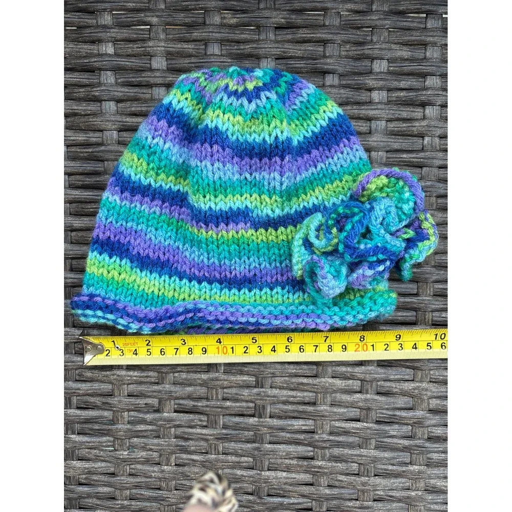 Handmade Kids Knit Beanie Blue Green Purple Striped Flower Winter Hat